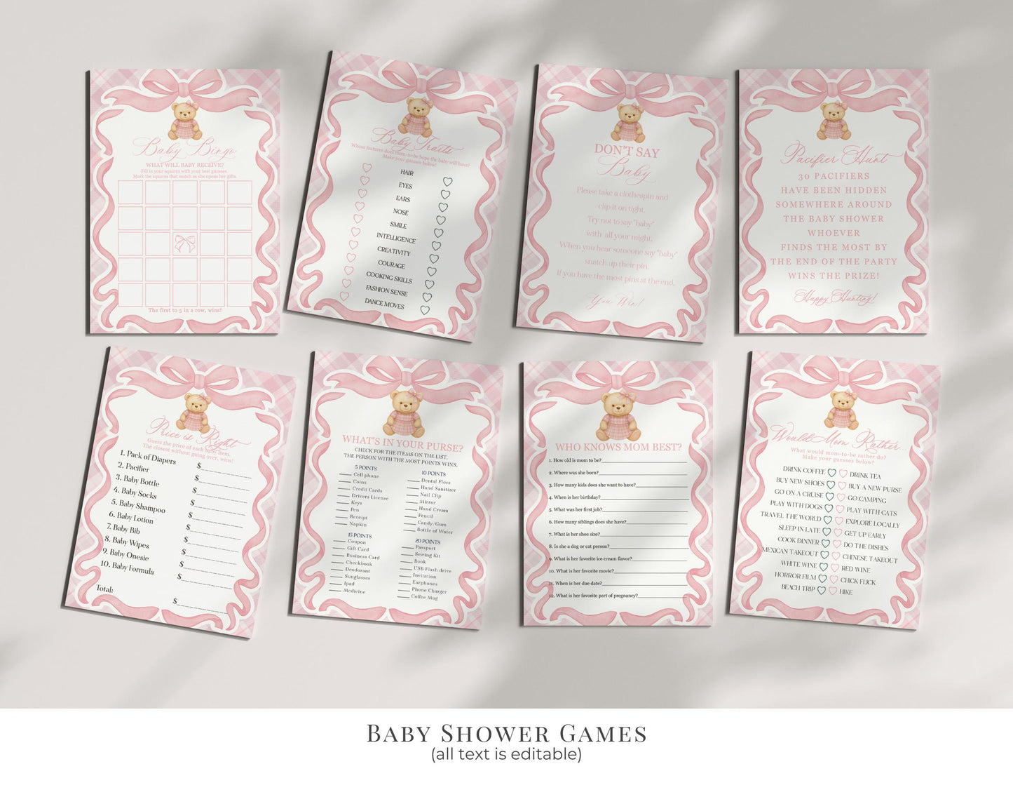 Pink Tartan Plaid Bear Girl Baby Shower Bundle Template, We Can Bearly Wait Old Money Baby Sprinkle, Coquette Bow Nesting Party WP1090