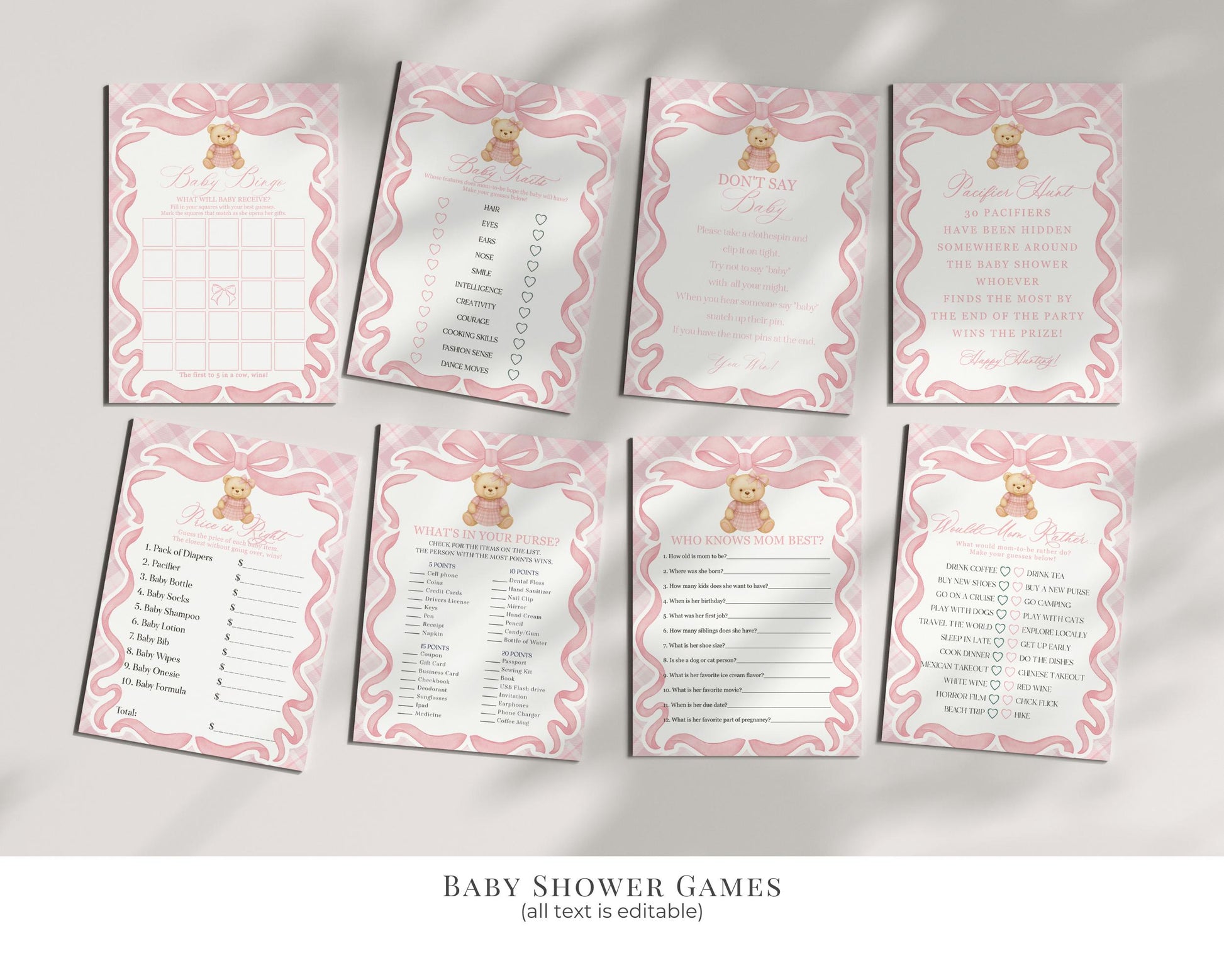 Pink Tartan Plaid Bear Girl Baby Shower Bundle Template, We Can Bearly Wait Old Money Baby Sprinkle, Coquette Bow Nesting Party WP1090