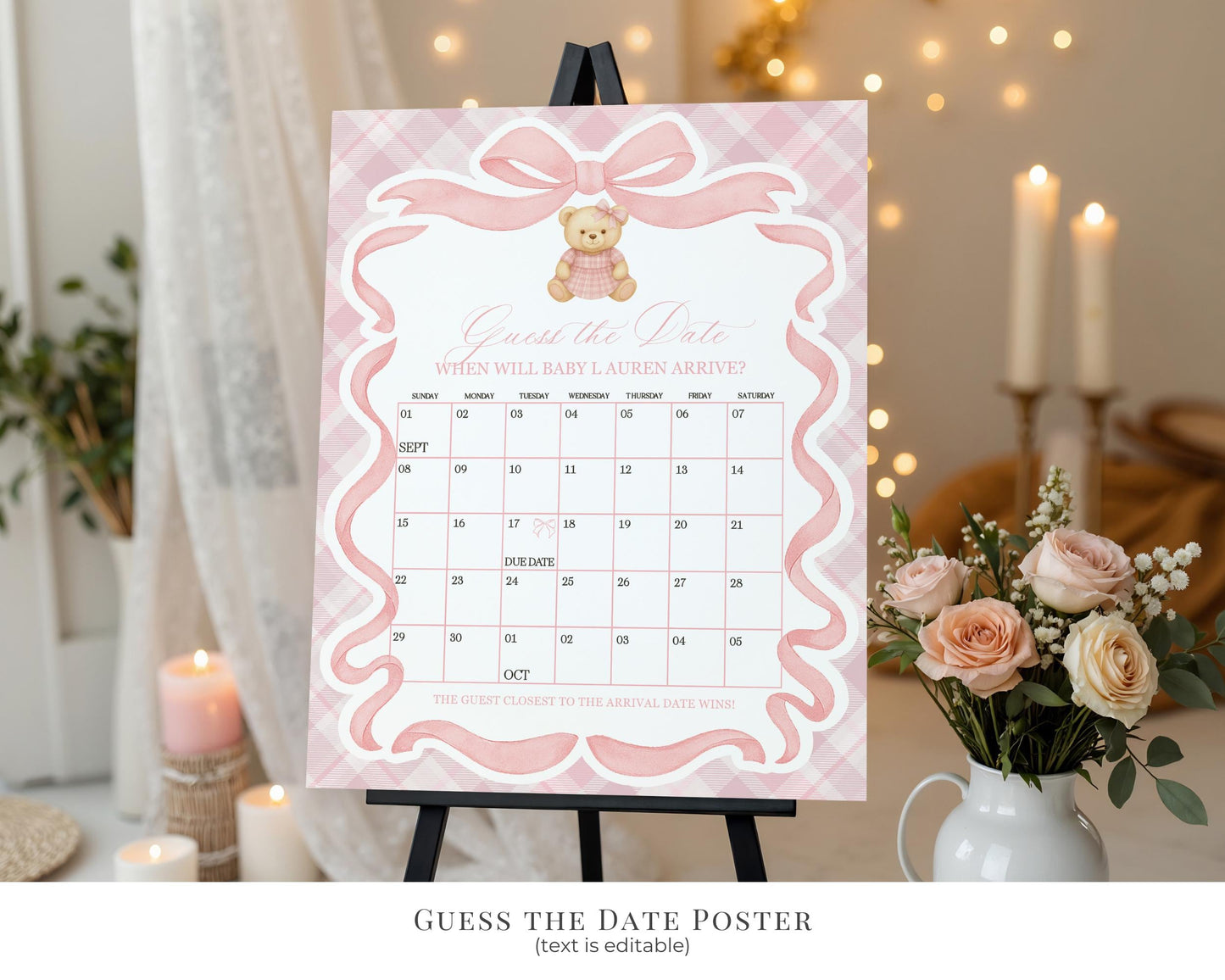 Pink Tartan Plaid Bear Girl Baby Shower Bundle Template, We Can Bearly Wait Old Money Baby Sprinkle, Coquette Bow Nesting Party WP1090