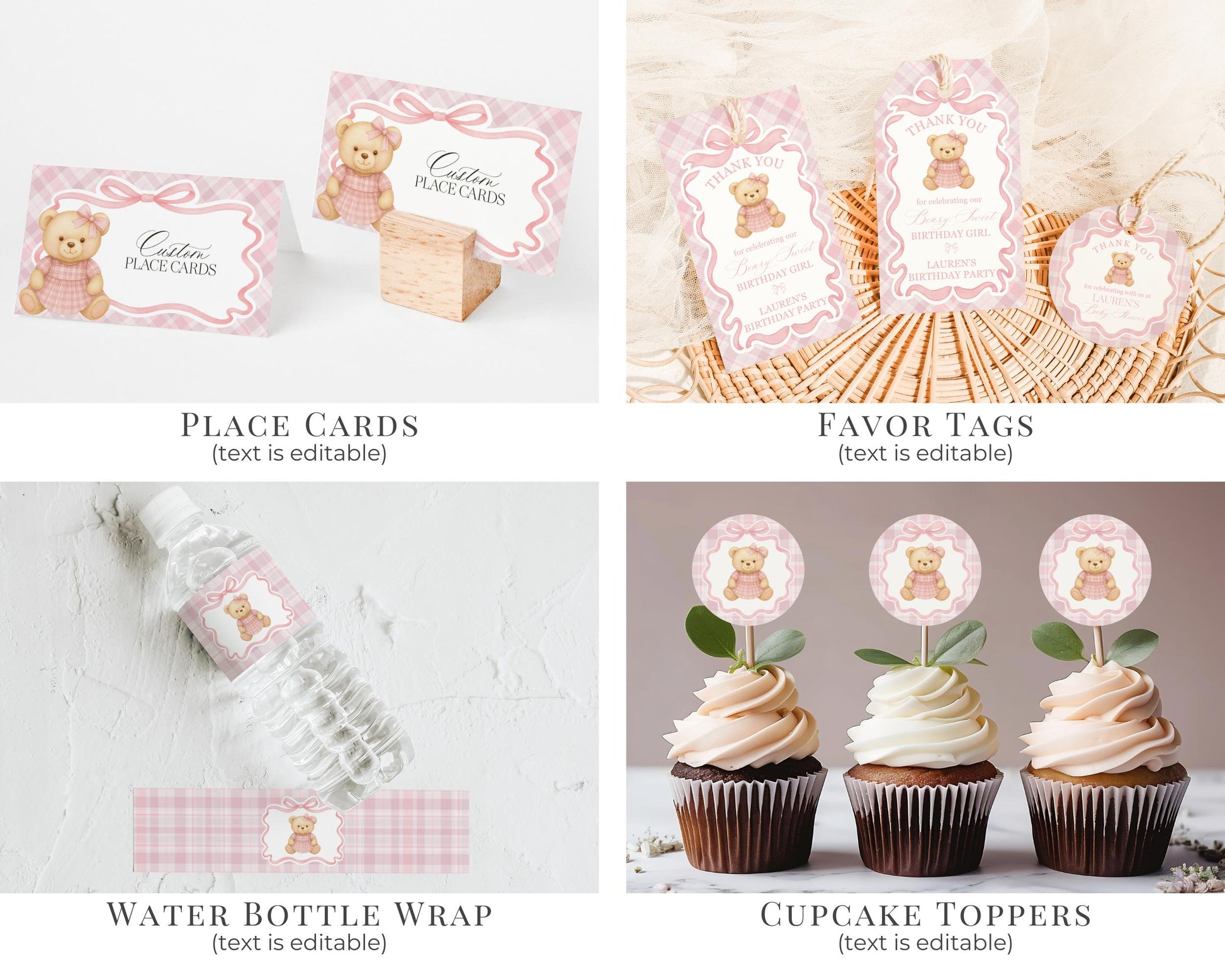 Pink Tartan Plaid Bear 1st Birthday Bundle Template, Beary First Birthday, Old Money Birthday Party, Coquette Bow Party Decorations WP1090