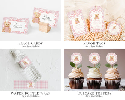 Pink Tartan Plaid Bear 1st Birthday Bundle Template, Beary First Birthday, Old Money Birthday Party, Coquette Bow Party Decorations WP1090