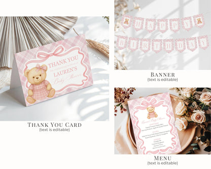 Pink Tartan Plaid Girl Birthday Bundle Printable Template, Old Money Teddy Bear Birthday Party, Coquette Bow Beary First Party Decor WP1090