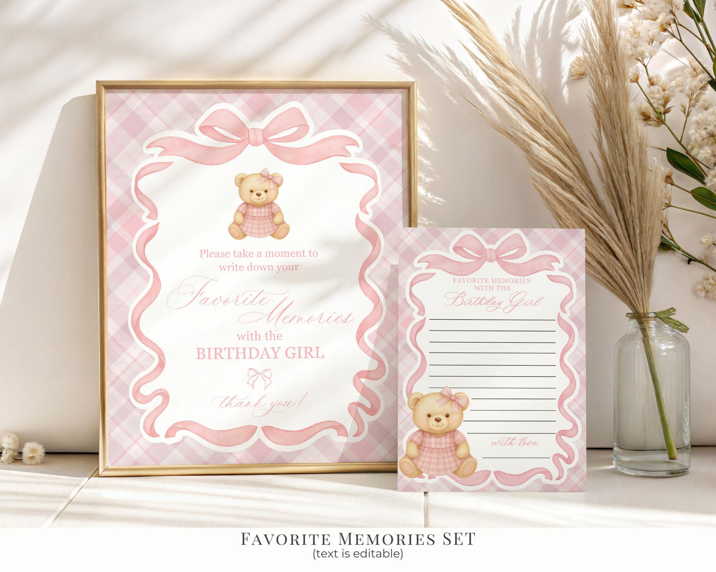 Pink Tartan Plaid Girl Birthday Bundle Printable Template, Old Money Teddy Bear Birthday Party, Coquette Bow Beary First Party Decor WP1090