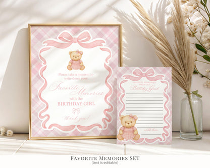 Pink Tartan Plaid Girl Birthday Bundle Printable Template, Old Money Teddy Bear Birthday Party, Coquette Bow Beary First Party Decor WP1090