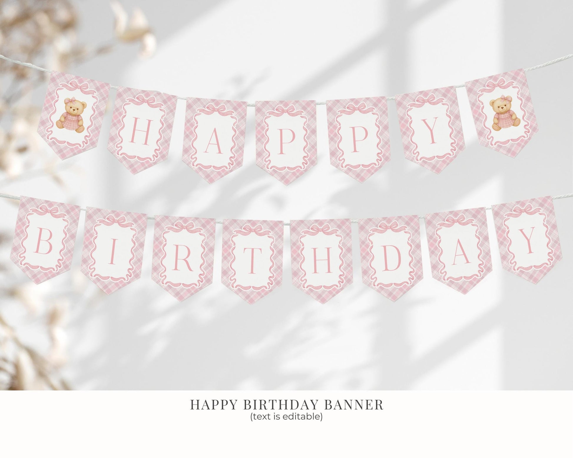 Pink Tartan Plaid Girl Birthday Bundle Printable Template, Old Money Teddy Bear Birthday Party, Coquette Bow Beary First Party Decor WP1090