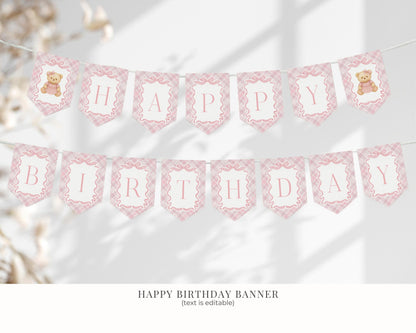 Pink Tartan Plaid Girl Birthday Bundle Printable Template, Old Money Teddy Bear Birthday Party, Coquette Bow Beary First Party Decor WP1090