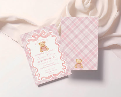 Pink Tartan Plaid Girl Birthday Bundle Printable Template, Old Money Teddy Bear Birthday Party, Coquette Bow Beary First Party Decor WP1090