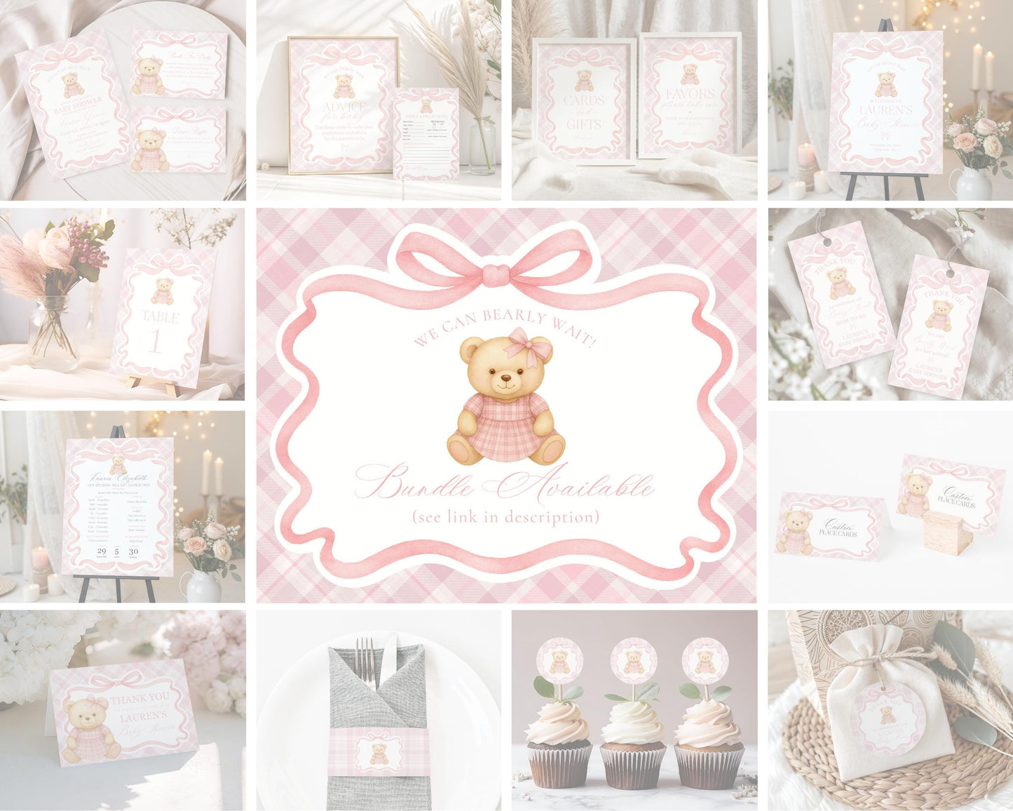 Pink Tartan Plaid Bear Girl 1st Birthday Invitation Template, Beary First Birthday Decor, Old Money Birthday Party Coquette Bow Party WP1090
