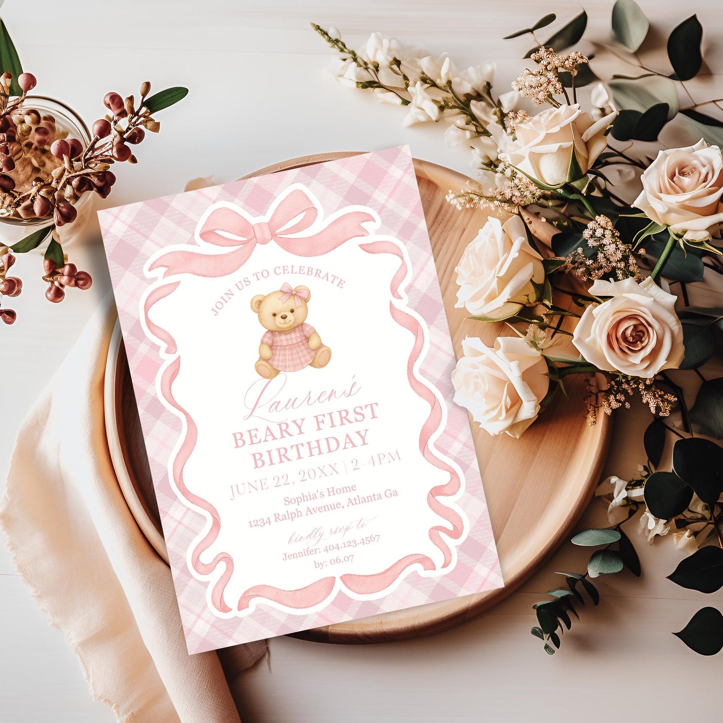 Pink Tartan Plaid Bear Girl 1st Birthday Invitation Template, Beary First Birthday Decor, Old Money Birthday Party Coquette Bow Party WP1090