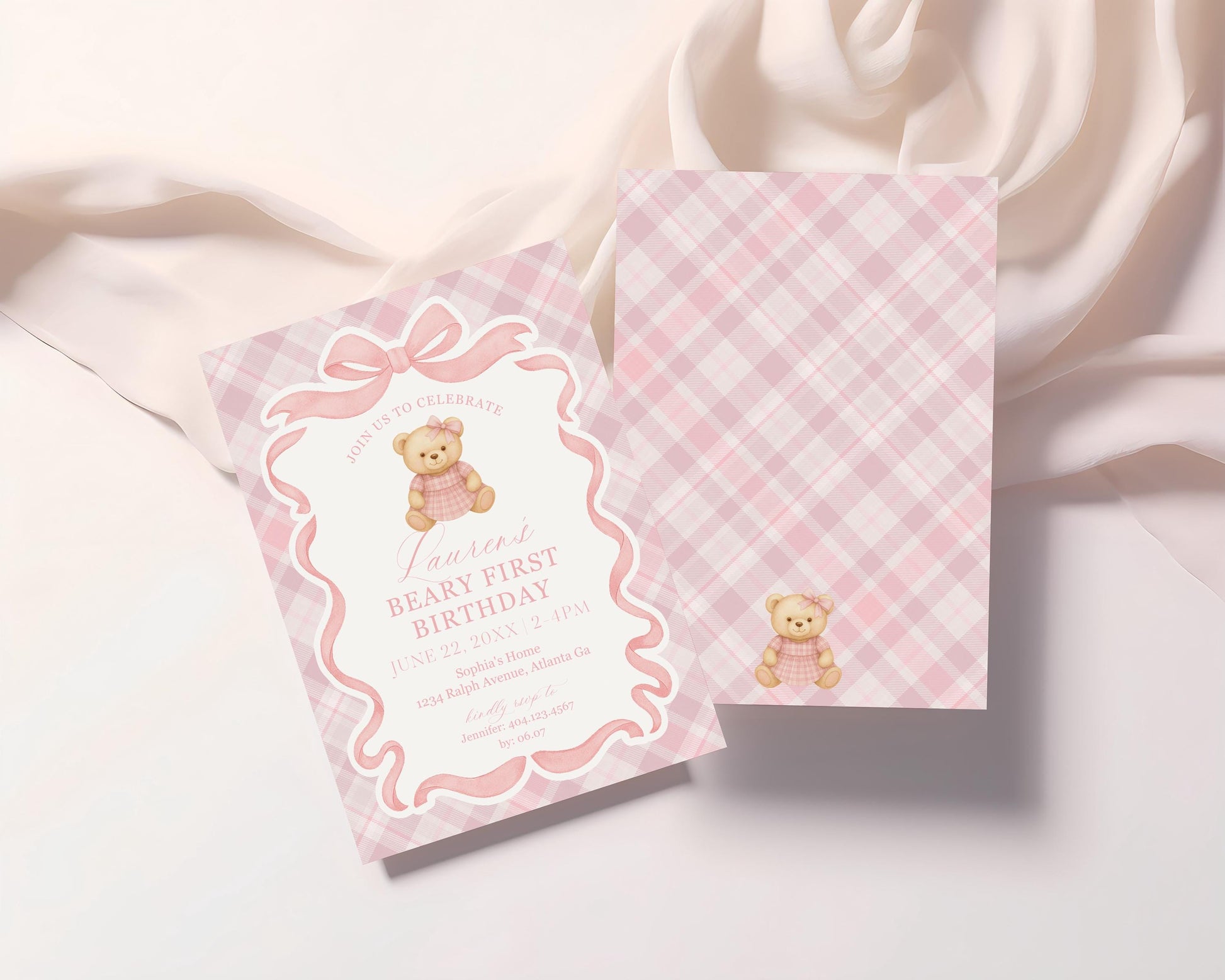 Pink Tartan Plaid Bear Girl 1st Birthday Invitation Template, Beary First Birthday Decor, Old Money Birthday Party Coquette Bow Party WP1090