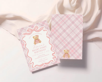 Pink Tartan Plaid Bear Girl 1st Birthday Invitation Template, Beary First Birthday Decor, Old Money Birthday Party Coquette Bow Party WP1090