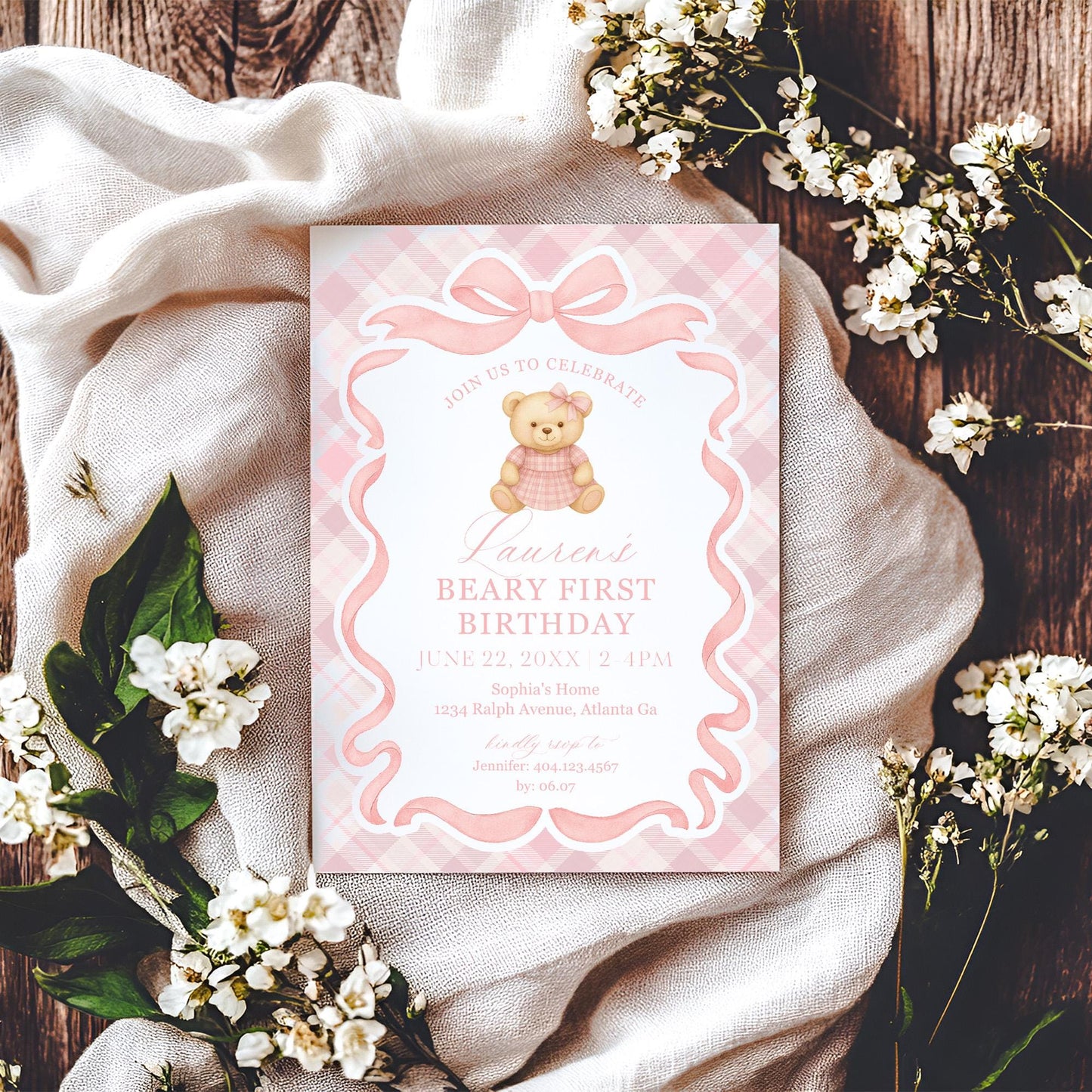 Pink Tartan Plaid Bear Girl 1st Birthday Invitation Template, Beary First Birthday Decor, Old Money Birthday Party Coquette Bow Party WP1090