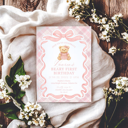 Pink Tartan Plaid Bear Girl 1st Birthday Invitation Template, Beary First Birthday Decor, Old Money Birthday Party Coquette Bow Party WP1090