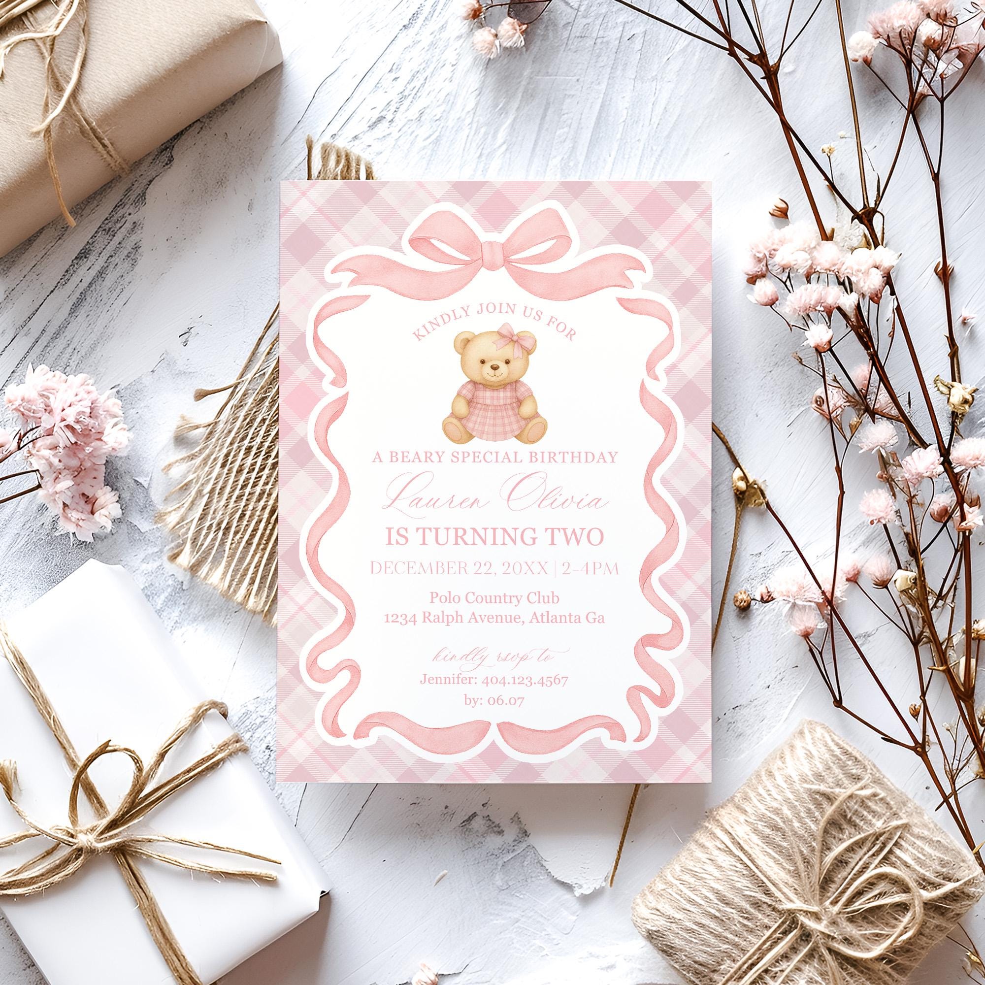Pink Tartan Plaid Bear Birthday Invitation Printable Template, Old Money Teddy Bear Birthday Party, Coquette Bow Beary First Party WP1090