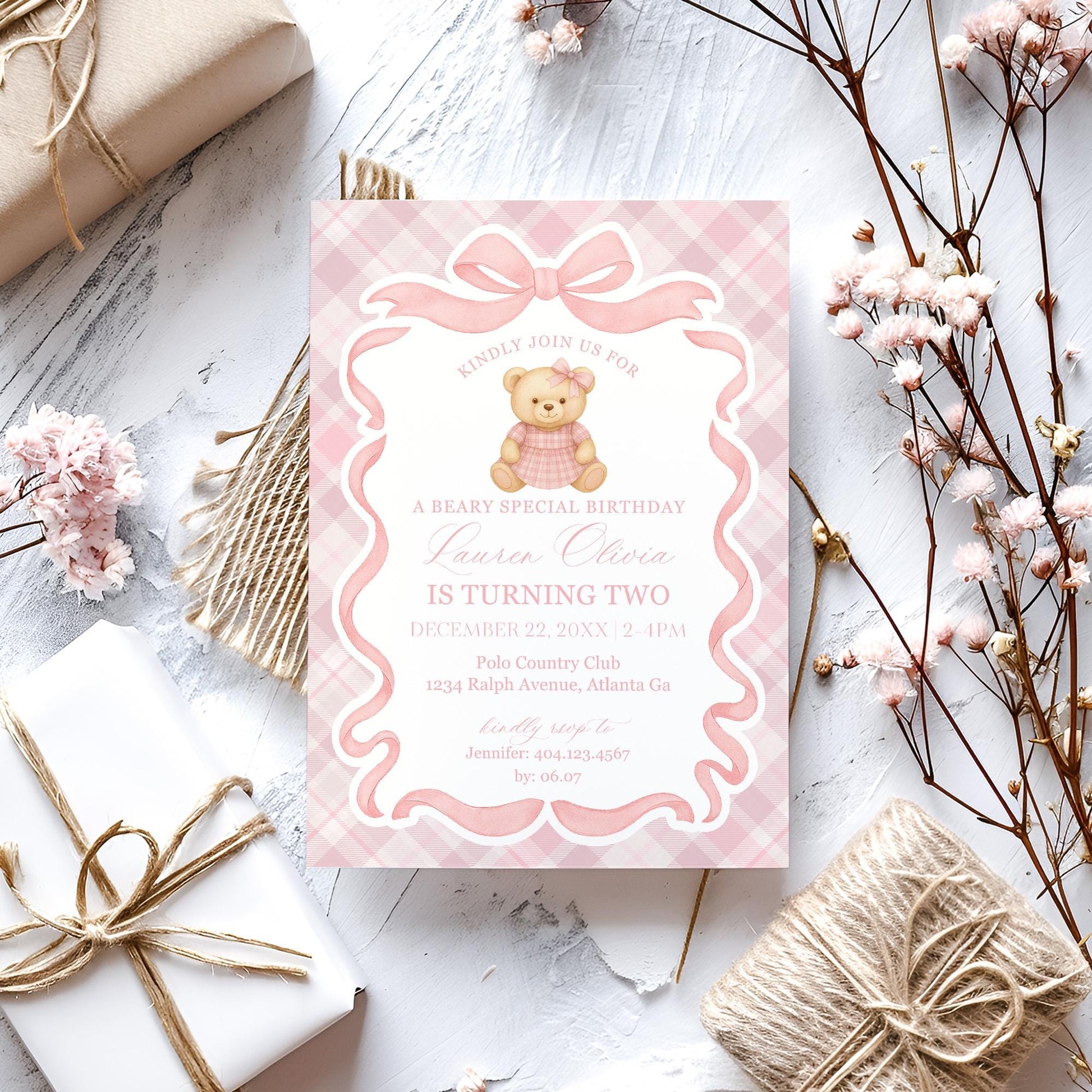 Pink Tartan Plaid Bear Birthday Invitation Printable Template, Old Money Teddy Bear Birthday Party, Coquette Bow Beary First Party WP1090