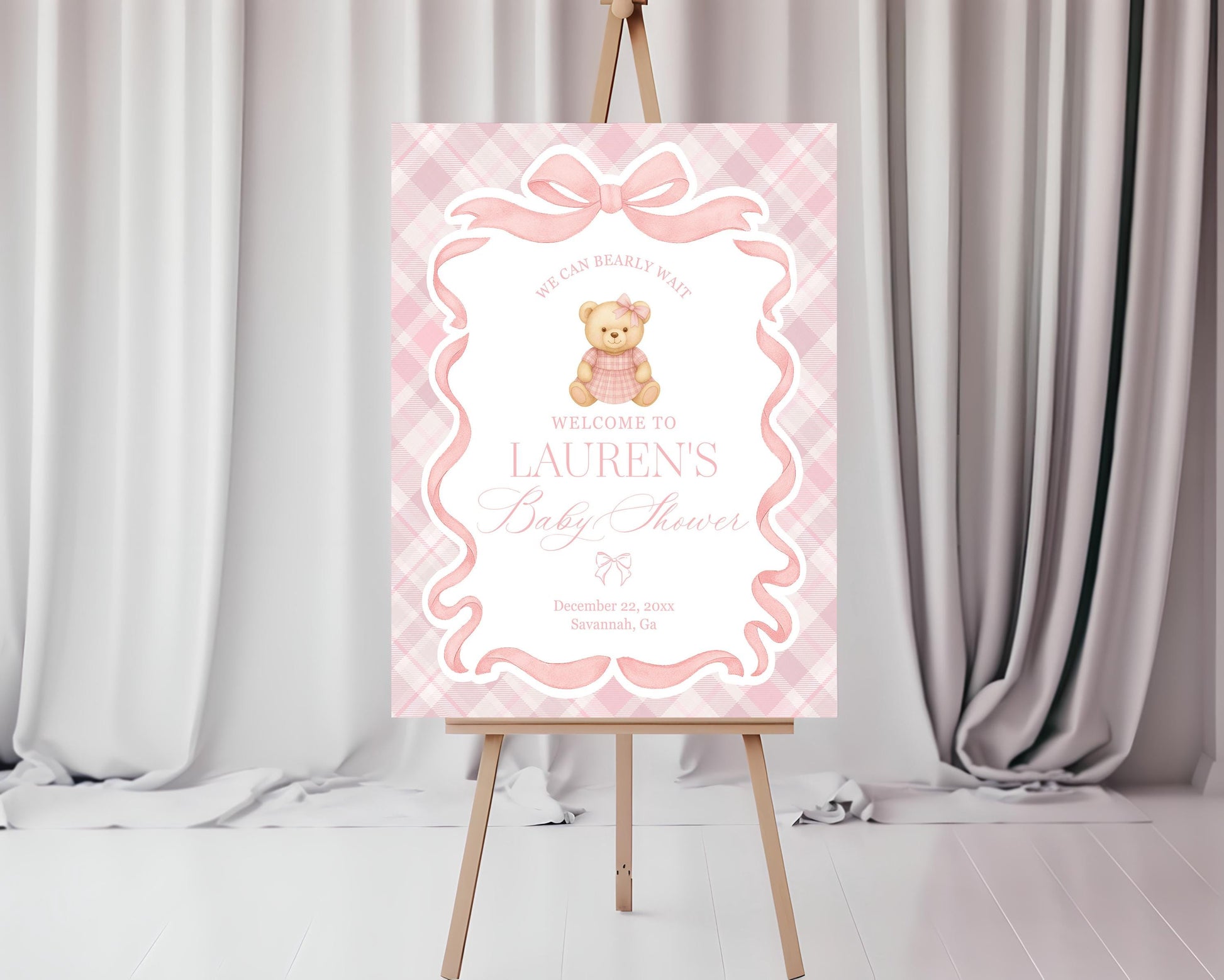 Pink Tartan Plaid Bear Baby Shower Welcome Sign Template, We Can Bearly Wait Old Money Baby Sprinkle, Coquette Bow Nesting Party WP1090