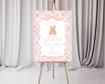 Pink Tartan Plaid Bear Baby Shower Welcome Sign Template, We Can Bearly Wait Old Money Baby Sprinkle, Coquette Bow Nesting Party WP1090