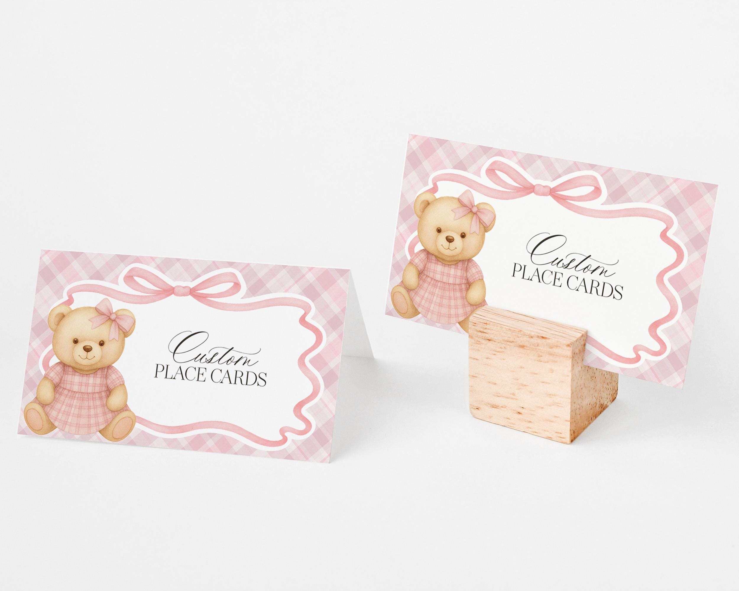 Pink Tartan Plaid Bear Place Cards Template, We Can Bearly Wait Old Money Baby Shower, Beary First Birthday Coquette Bow Party WP1090