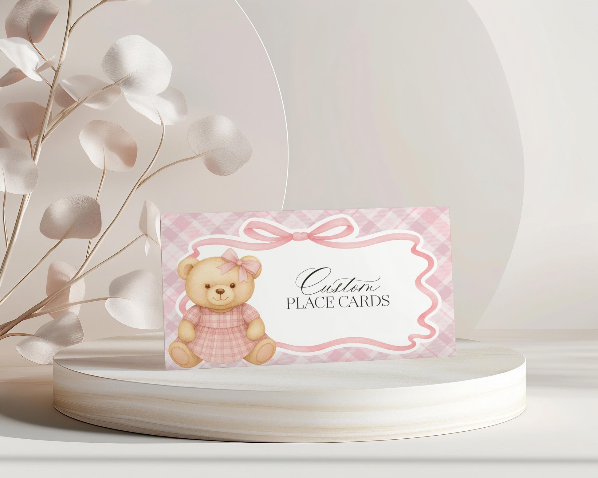 Pink Tartan Plaid Bear Place Cards Template, We Can Bearly Wait Old Money Baby Shower, Beary First Birthday Coquette Bow Party WP1090