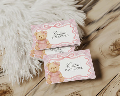 Pink Tartan Plaid Bear Place Cards Template, We Can Bearly Wait Old Money Baby Shower, Beary First Birthday Coquette Bow Party WP1090