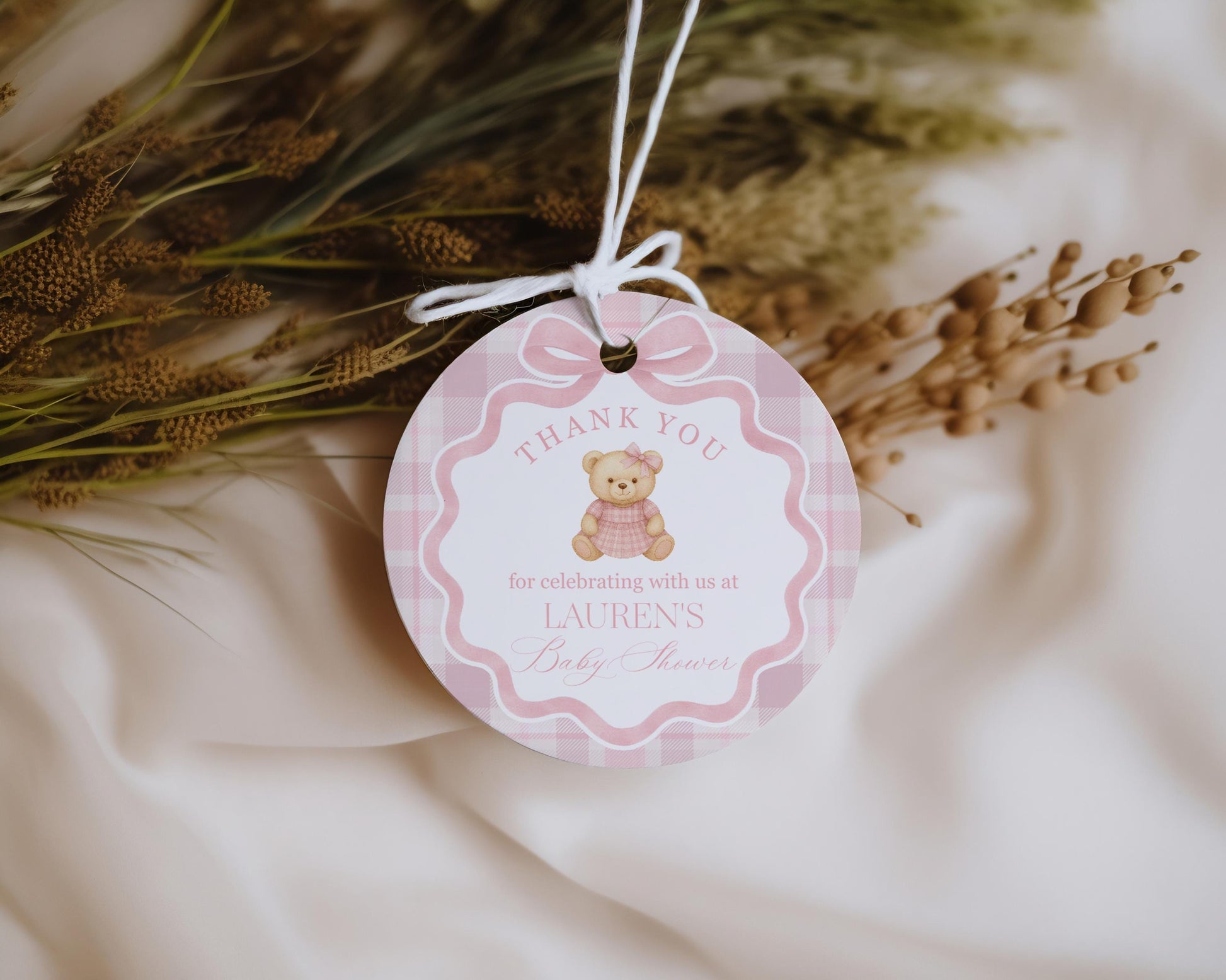 Pink Tartan Plaid Bear Girl Birthday Party Favor Tags Template, Beary First Birthday Decor, Old Money Coquette Bow Birthday Party WP1090