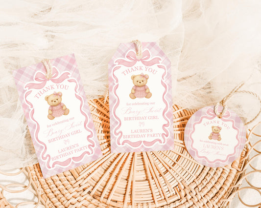Pink Tartan Plaid Bear Girl Birthday Party Favor Tags Template, Beary First Birthday Decor, Old Money Coquette Bow Birthday Party WP1090