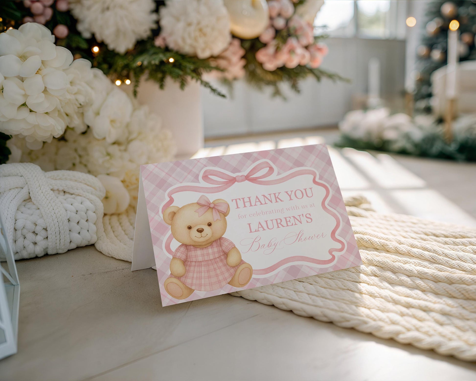 Pink Tartan Plaid Bear Thank You Card Template, We Can Bearly Wait Old Money Baby Shower, Beary First Birthday Coquette Bow Party WP1090