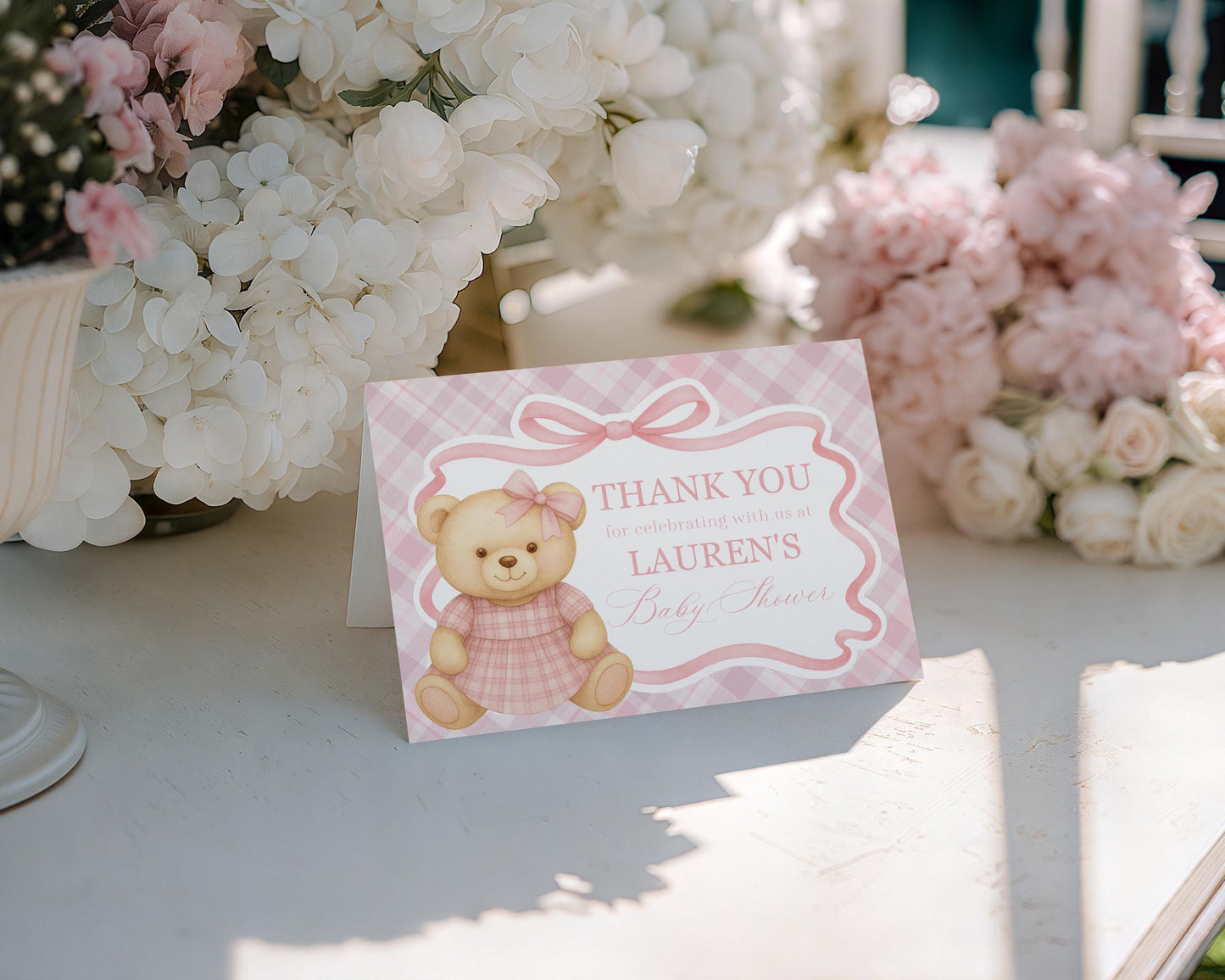 Pink Tartan Plaid Bear Thank You Card Template, We Can Bearly Wait Old Money Baby Shower, Beary First Birthday Coquette Bow Party WP1090
