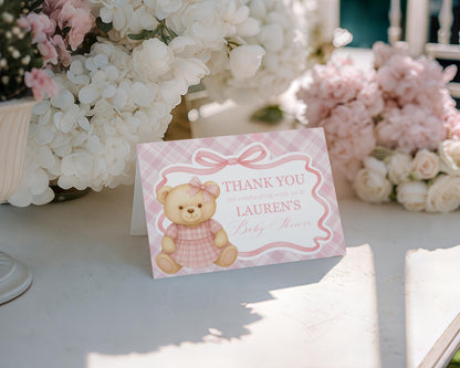 Pink Tartan Plaid Bear Thank You Card Template, We Can Bearly Wait Old Money Baby Shower, Beary First Birthday Coquette Bow Party WP1090