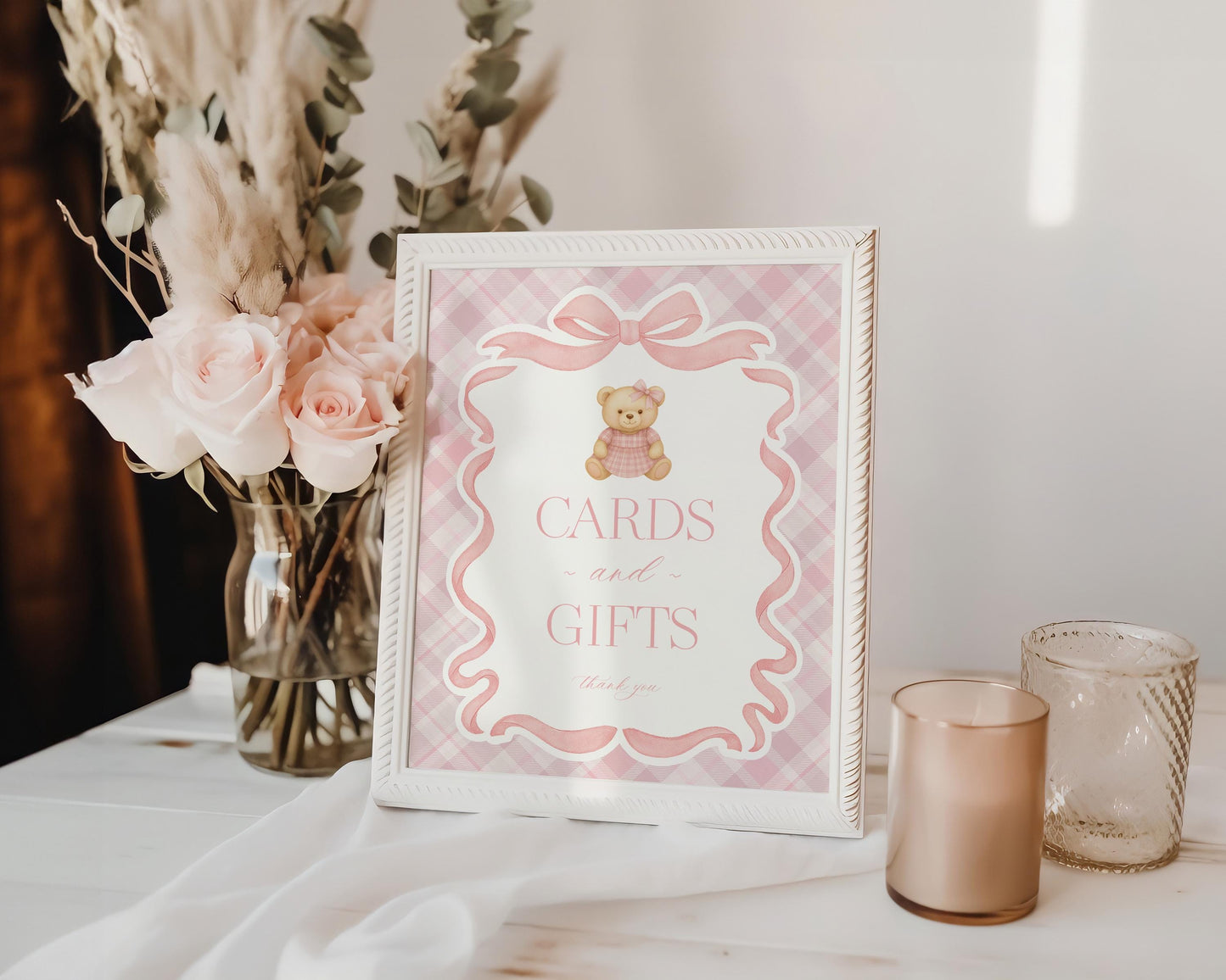 Pink Tartan Plaid Bear Cards & Gifts and Favors Sign Template, We Can Bearly Wait Old Money Baby Shower, Beary First Birthday Party WP1090