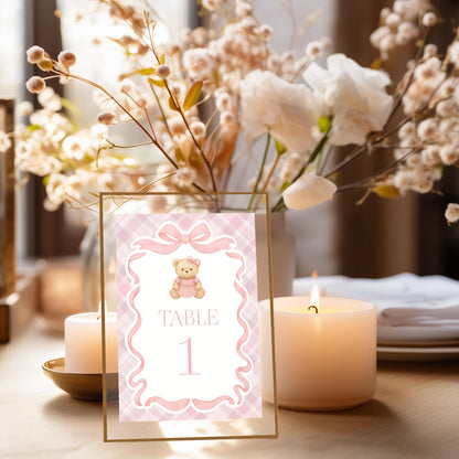 Pink Tartan Plaid Bear Table Number Cards Template, We Can Bearly Wait Old Money Baby Shower, Beary First Birthday Coquette Bow Party WP1090