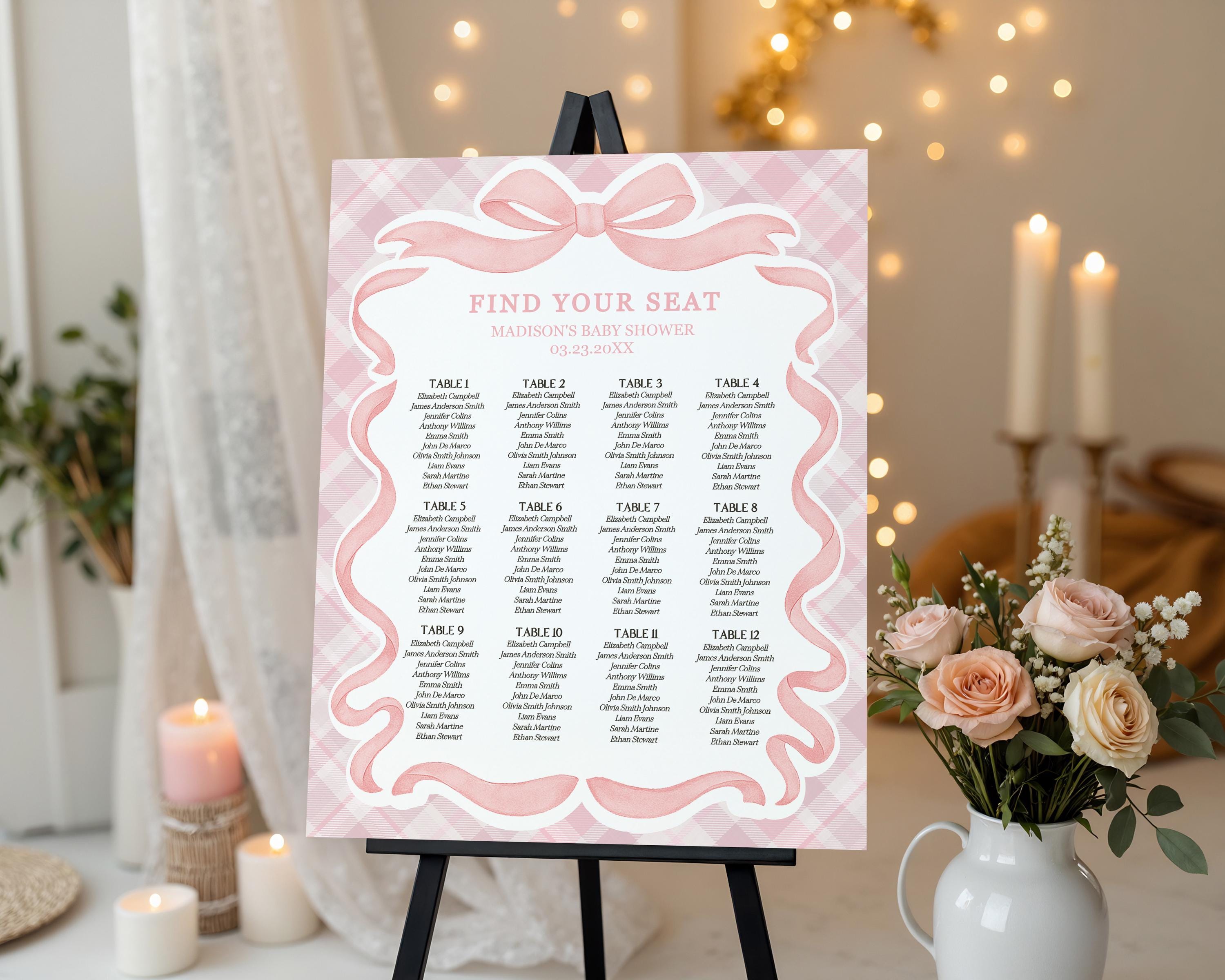 Pink Tartan Plaid Bear Seating Chart Poster Template, We Can Bearly Wait Old Money Baby Shower, Beary First Bday Coquette Bow Party WP1090