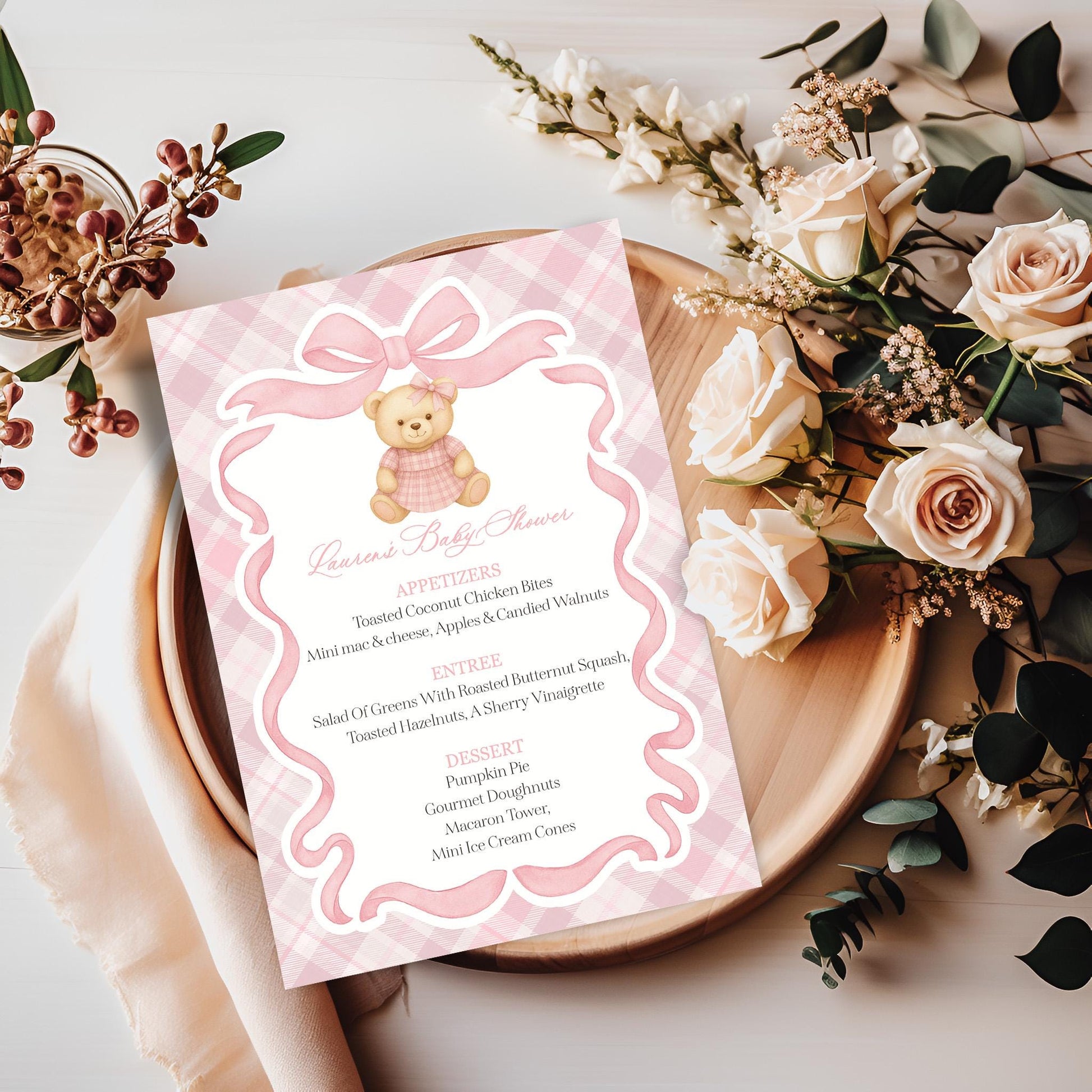 Pink Tartan Plaid Bear Menu Template, We Can Bearly Wait Old Money Baby Shower, Beary First Birthday Coquette Bow Party WP1090