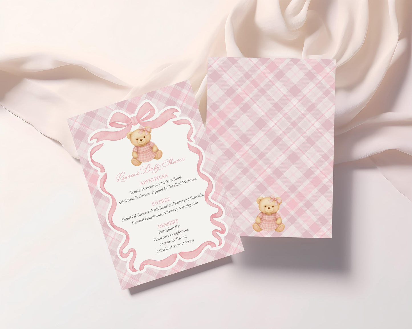 Pink Tartan Plaid Bear Menu Template, We Can Bearly Wait Old Money Baby Shower, Beary First Birthday Coquette Bow Party WP1090
