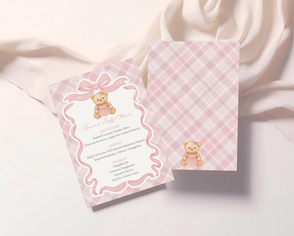 Pink Tartan Plaid Bear Menu Template, We Can Bearly Wait Old Money Baby Shower, Beary First Birthday Coquette Bow Party WP1090