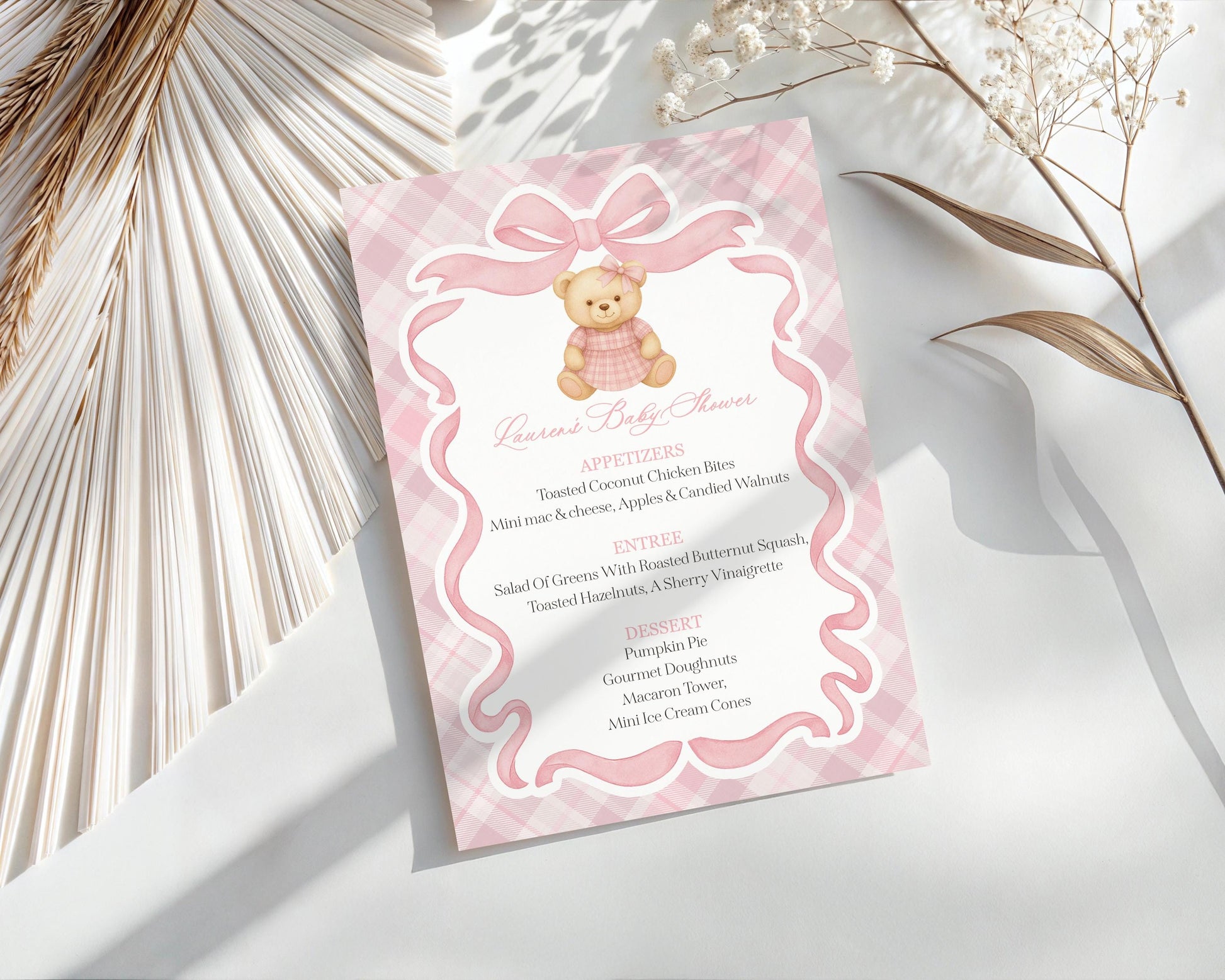 Pink Tartan Plaid Bear Menu Template, We Can Bearly Wait Old Money Baby Shower, Beary First Birthday Coquette Bow Party WP1090