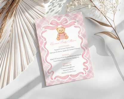 Pink Tartan Plaid Bear Menu Template, We Can Bearly Wait Old Money Baby Shower, Beary First Birthday Coquette Bow Party WP1090