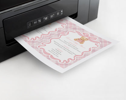 Pink Tartan Plaid Bear Menu Template, We Can Bearly Wait Old Money Baby Shower, Beary First Birthday Coquette Bow Party WP1090
