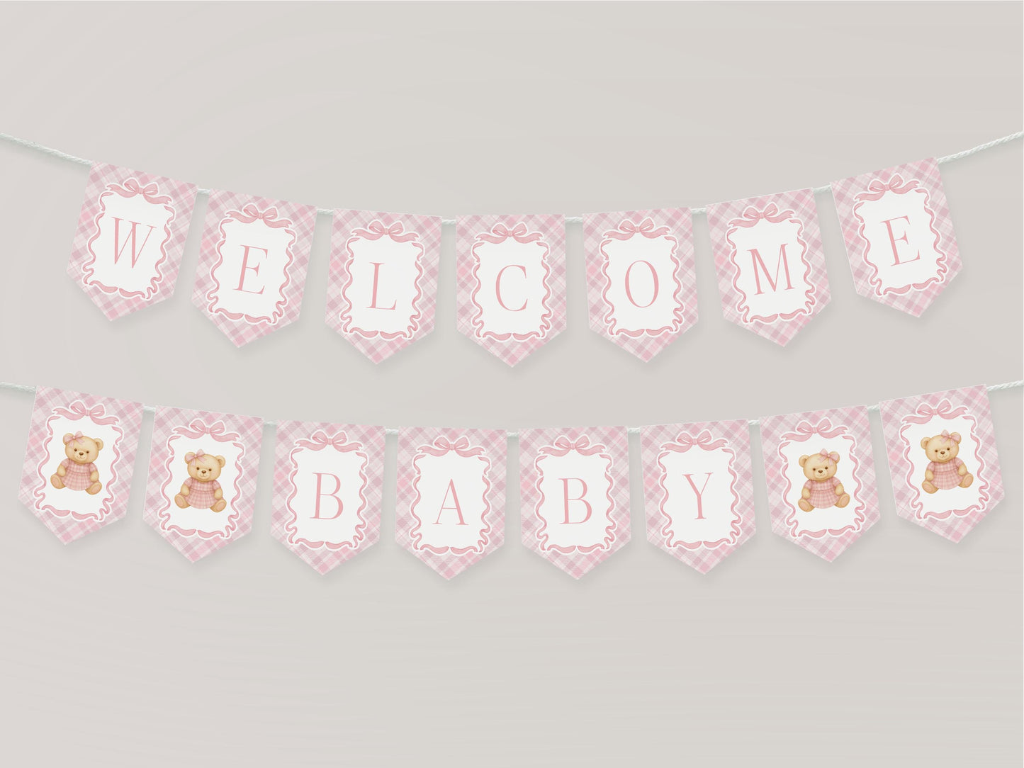 Pink Tartan Plaid Bear Baby Shower Banner Template, We Can Bearly Wait Old Money Baby Sprinkle, Coquette Bow Nesting Party WP1090
