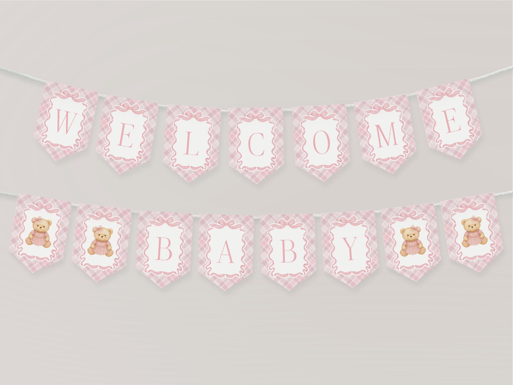 Pink Tartan Plaid Bear Baby Shower Banner Template, We Can Bearly Wait Old Money Baby Sprinkle, Coquette Bow Nesting Party WP1090