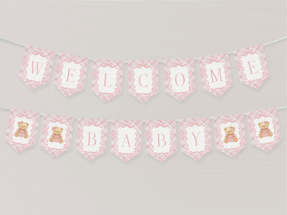 Pink Tartan Plaid Bear Baby Shower Banner Template, We Can Bearly Wait Old Money Baby Sprinkle, Coquette Bow Nesting Party WP1090