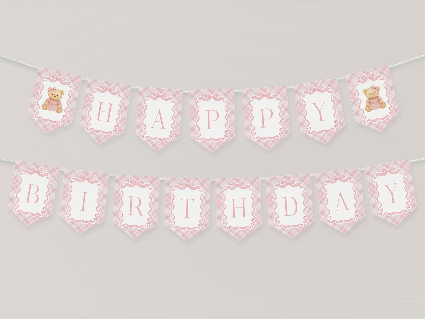 Pink Tartan Plaid Bear Highchair Banner Template, Beary First Birthday Decor, Old Money Birthday Party, Coquette Bow Party Banner WP1090