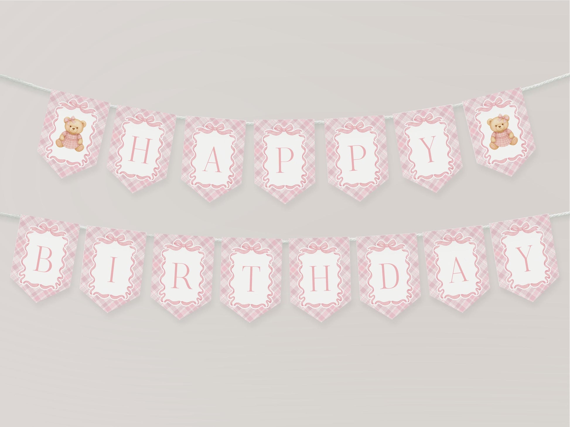 Pink Tartan Plaid Bear Highchair Banner Template, Beary First Birthday Decor, Old Money Birthday Party, Coquette Bow Party Banner WP1090