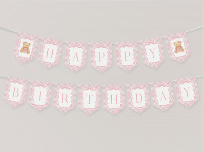 Pink Tartan Plaid Bear Birthday Banner Template, Beary First Birthday Decor, Old Money Birthday Party, Coquette Bow Party Decorations WP1090