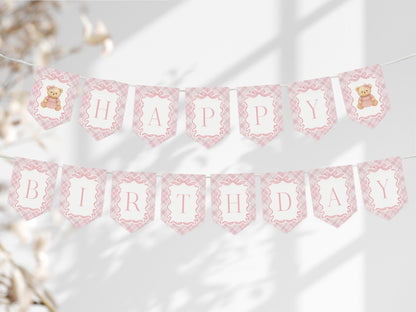 Pink Tartan Plaid Bear Highchair Banner Template, Beary First Birthday Decor, Old Money Birthday Party, Coquette Bow Party Banner WP1090