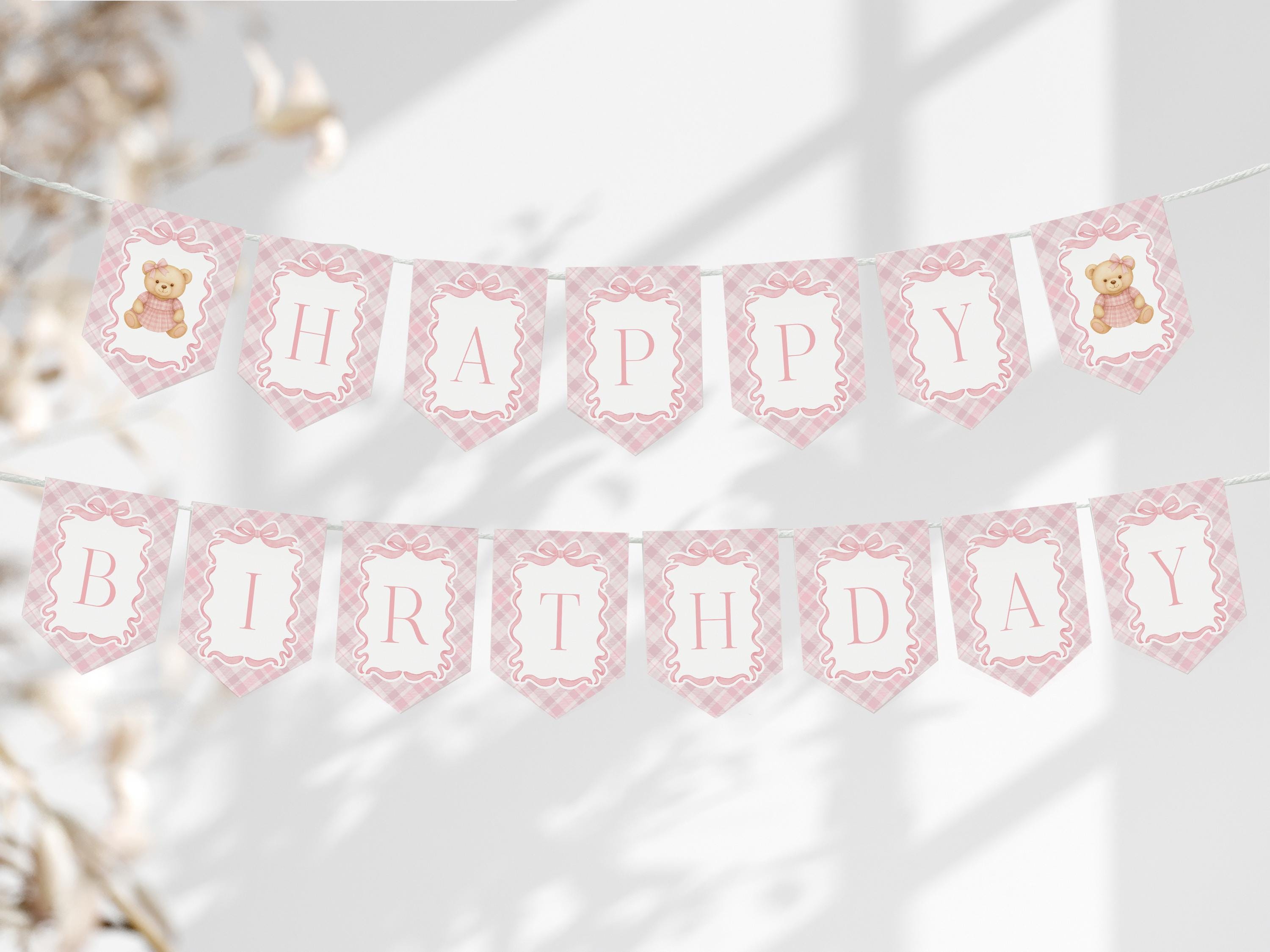 Pink Tartan Plaid Bear Birthday Banner Template, Beary First Birthday Decor, Old Money Birthday Party, Coquette Bow Party Decorations WP1090
