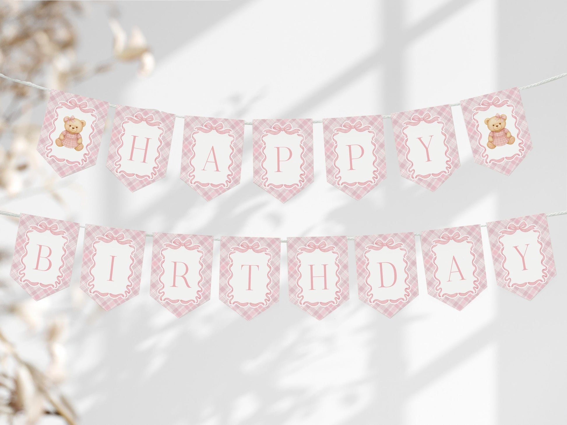 Pink Tartan Plaid Bear Birthday Banner Template, Beary First Birthday Decor, Old Money Birthday Party, Coquette Bow Party Decorations WP1090