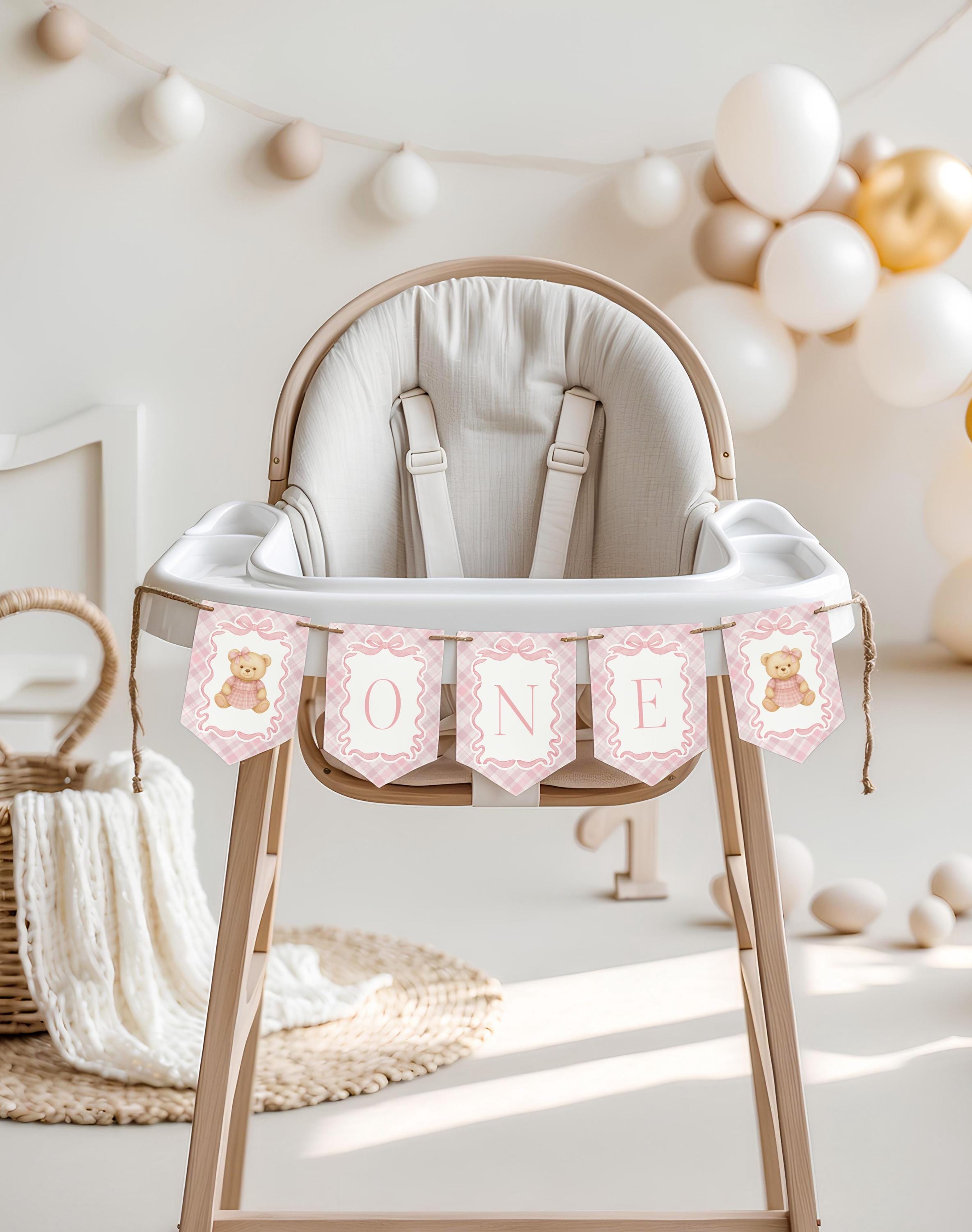 Pink Tartan Plaid Bear Highchair Banner Template, Beary First Birthday Decor, Old Money Birthday Party, Coquette Bow Party Banner WP1090