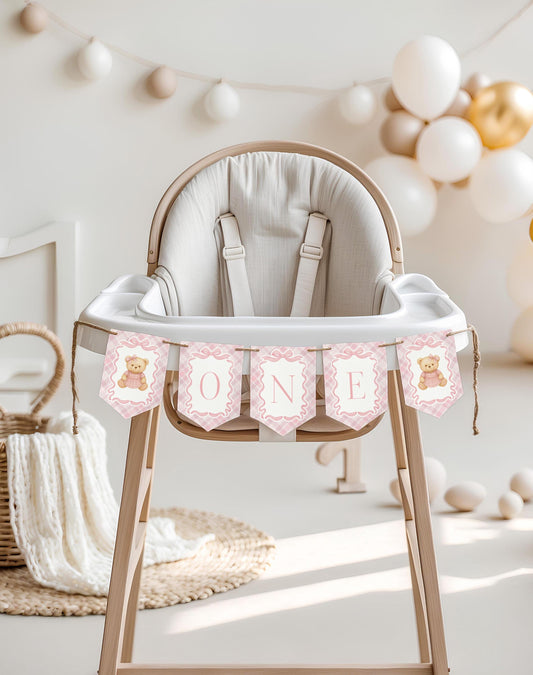 Pink Tartan Plaid Bear Highchair Banner Template, Beary First Birthday Decor, Old Money Birthday Party, Coquette Bow Party Banner WP1090