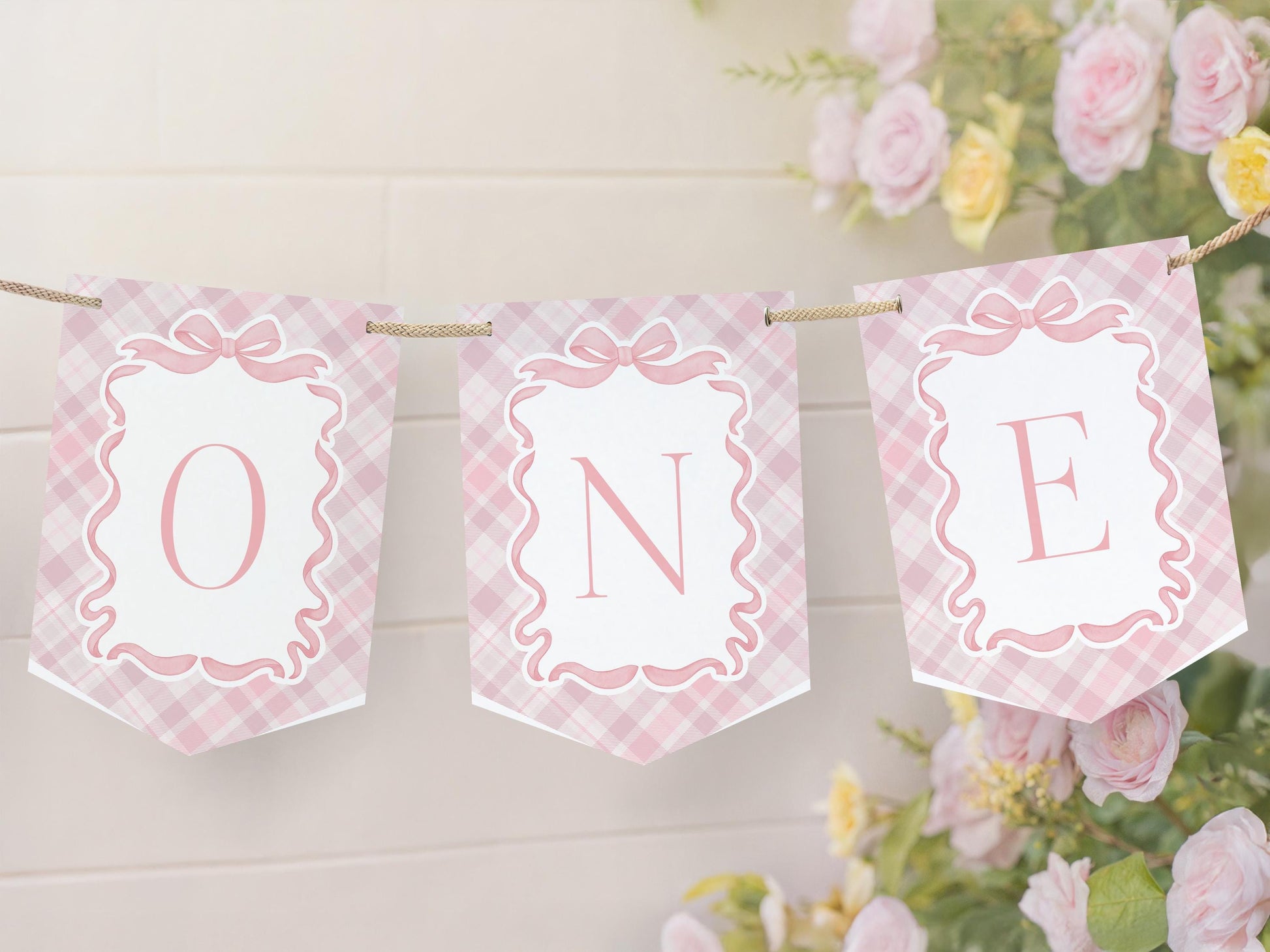 Pink Tartan Plaid Bear Highchair Banner Template, Beary First Birthday Decor, Old Money Birthday Party, Coquette Bow Party Banner WP1090